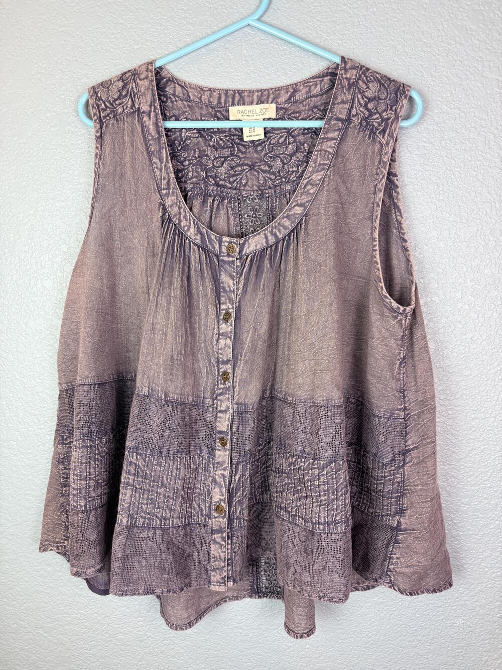 Rachel Zoe Blouse Womens Medium Purple Embroidered Button Front Boho Tunic Top